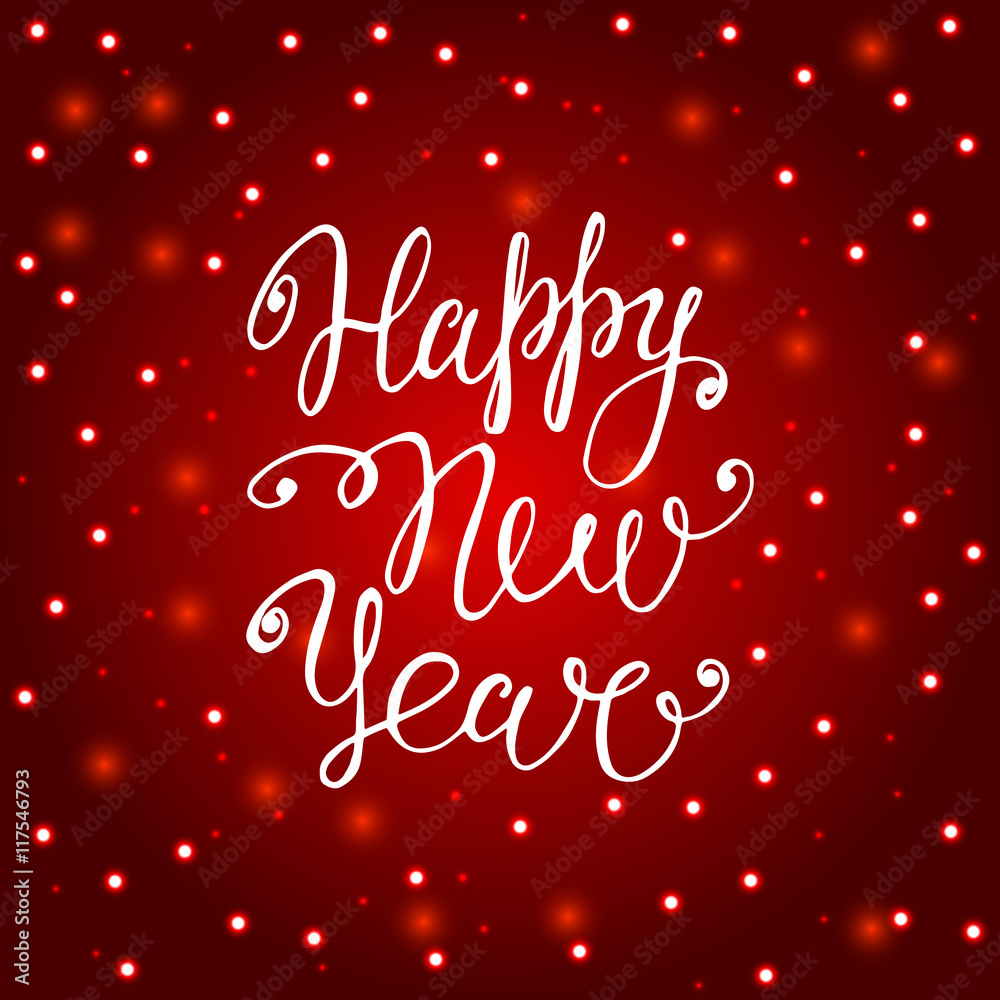 Happy New Year lettering on a red blur background with bokeh and light. Vector illustration. Design by flyer, banner, poster, printing, mailing, greeting card.