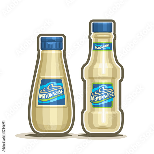Vector logo Mayonnaise Bottles, plastic container with white pale mayo with blue cap, glass cartoon bottle with provencal sauce close-up on white background, jar mayonnaise french cuisine for salad.