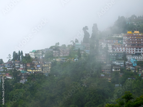Darjeeling town in fog, India