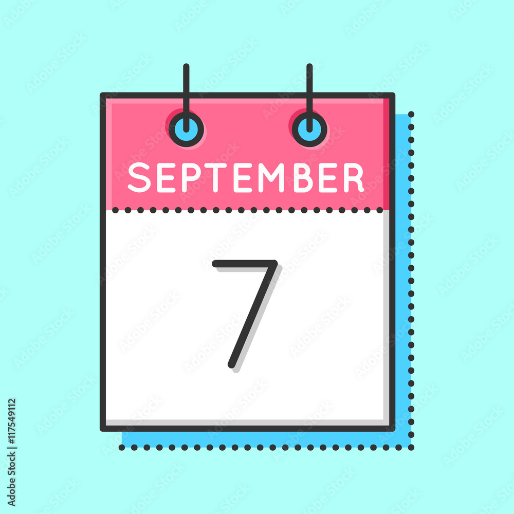 Vector Calendar Icon. Flat and thin line vector illustration. Calendar sheet on light blue background. September 7th Vector Calendar Icon. Flat and thin line vector illustration. Calendar sheet on light blue background. September 7th
