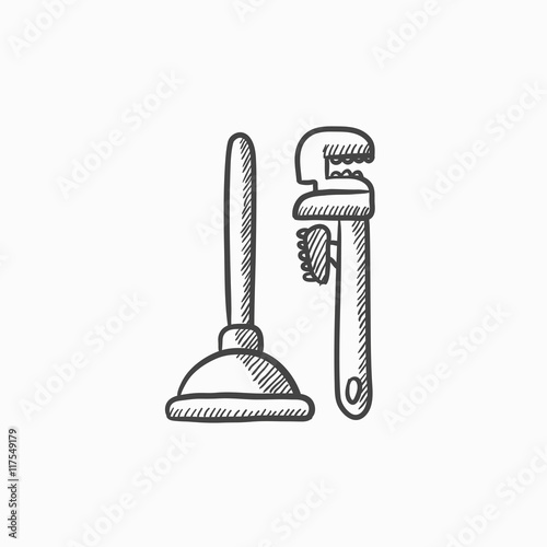 Pipe wrenches and plunger sketch icon.