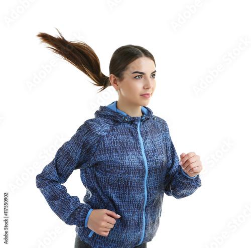 Young woman running isolate...