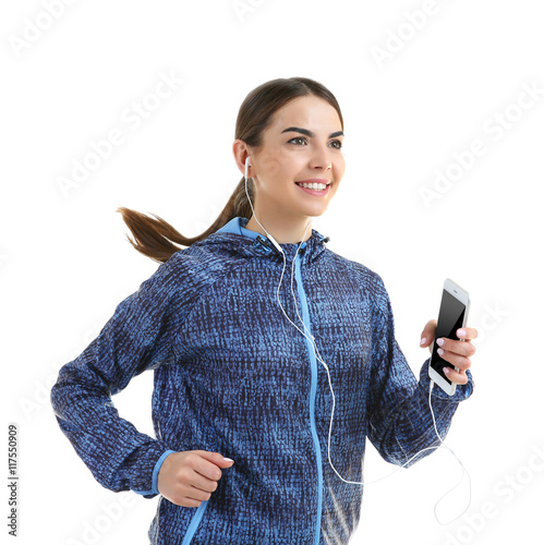 Young woman with phone runn...
