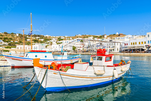 Traditional fishing boats in Mykonos port, Mykonos island, Greece © pkazmierczak