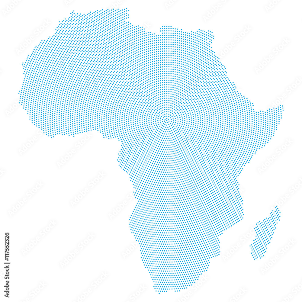 Africa map radial dot pattern. Blue dots going from the center outwards and form the silhouette of the african continent area. Illustration on white background.