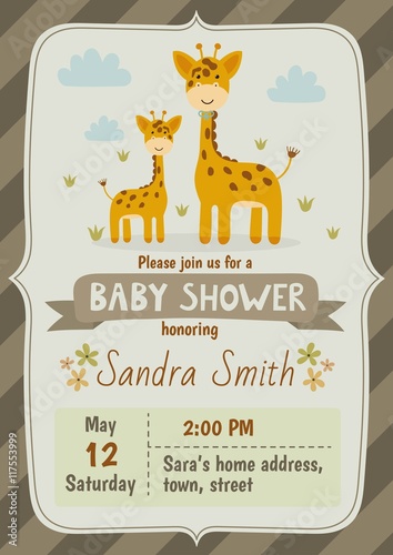 Baby shower invitation card with cute giraffes