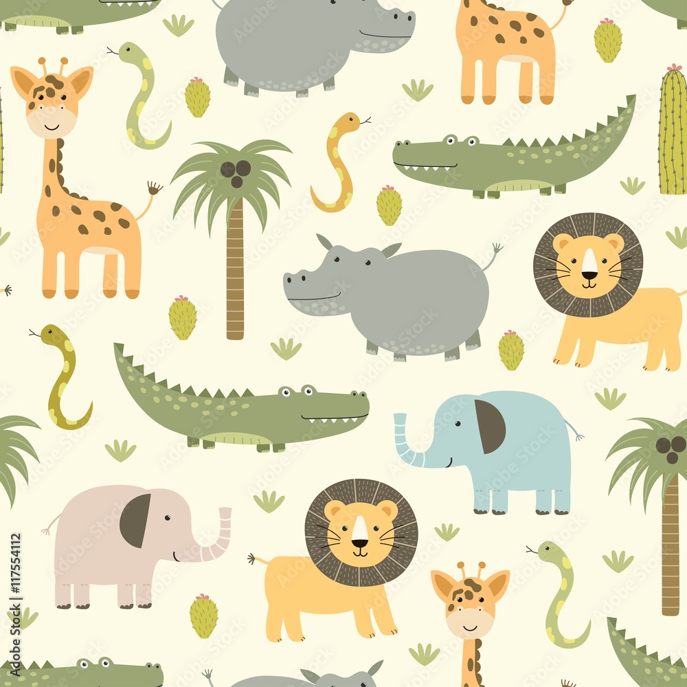 Safari animals seamless pattern with cute hippo, crocodile, lion - obrazy, fototapety, plakaty 