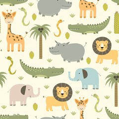 Gardinen Tiermuster Nahtloses muster der safaritiere mit niedlichem nilpferd, krokodil, löwe  © juliyas