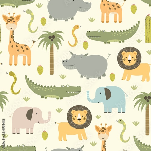 Safari animals seamless pattern with cute hippo  crocodile  lion