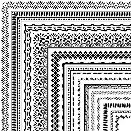 Vector brushes collection in boho style. African style ornament borders for patterns, mandalas and frames. Pattern brushes with corners are included in swatch panel.