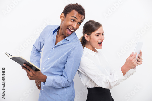 Laughing black man and white girl