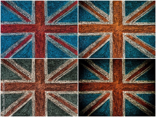 Photo collage of United Kingdom British Union jack flag, hand drawing with chalk on blackboard, vintage concept