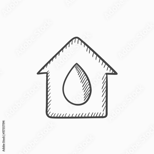 House with water drop sketch icon.