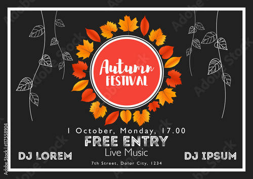 Fall Festival template. Bright colourful autumn leaves on horizontal background. Template for holidays, concerts and parties. Autumn theme