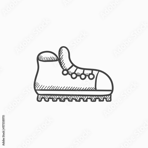 Hiking boot with crampons sketch icon.