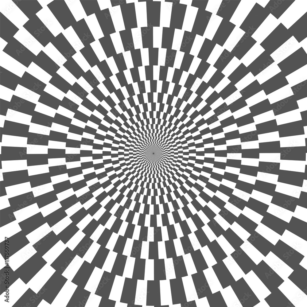 Vector checkered op art vortex spiral swirl background creating an