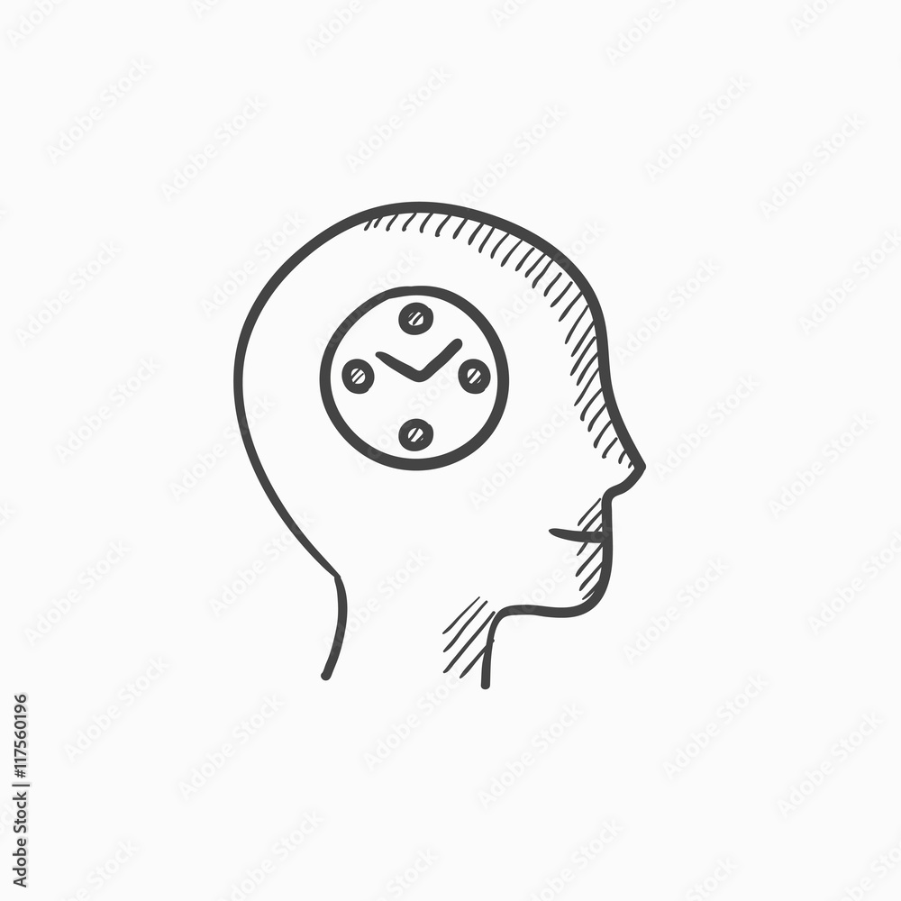 Human head with clock sketch icon. Human head with clock sketch icon.