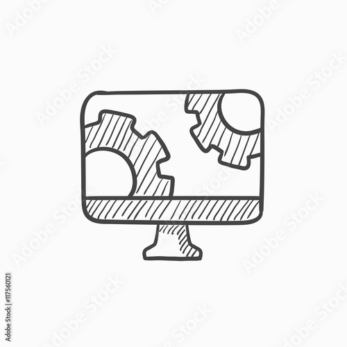 Computer monitor with gears sketch icon.