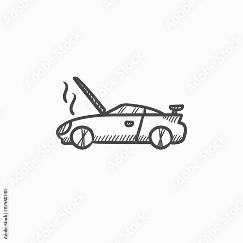 Broken car with open hood sketch icon.