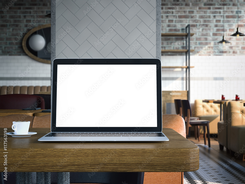 Laptop on the cafe table. 3d rendering Laptop on the cafe table. 3d rendering