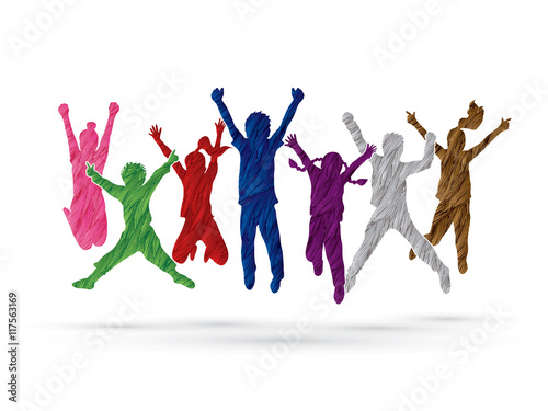 Group of children jumping , Front view designed using colorful grunge brush graphic vector.