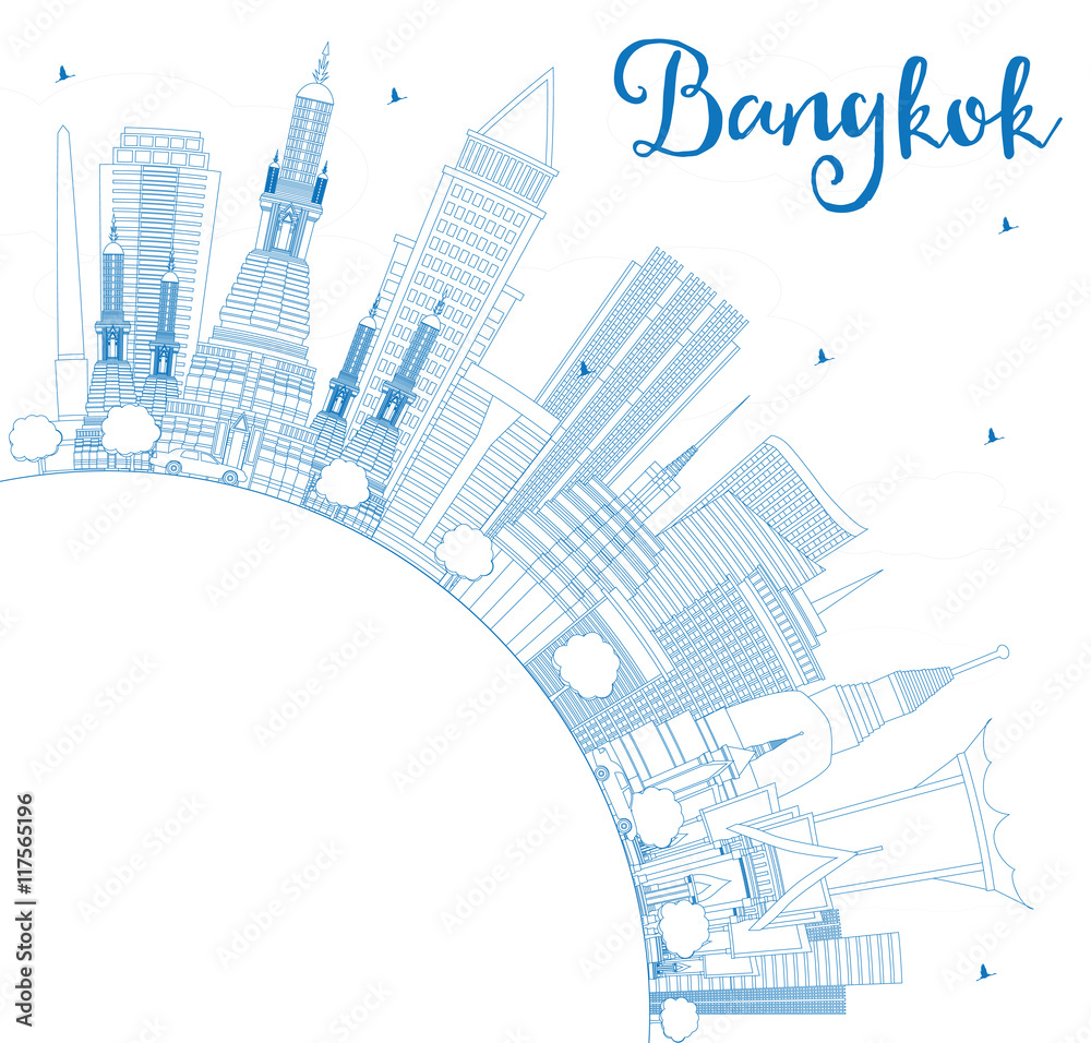 Outline Bangkok Skyline with Blue Landmarks and Copy Space.