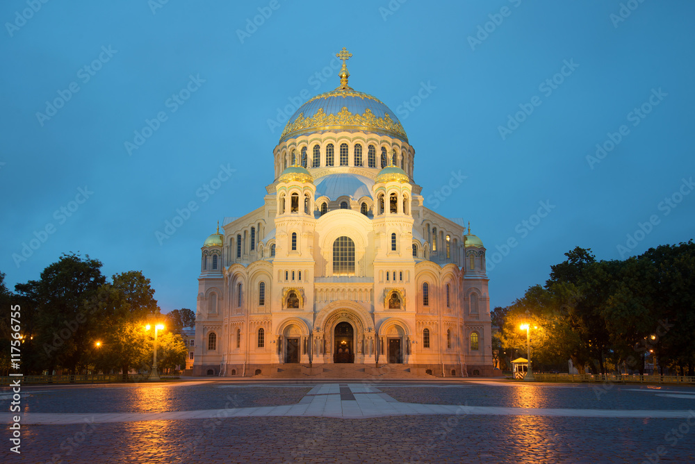 Vintage naval Cathedral of St. Nicholas, white at night. Kronshtadt, Russia