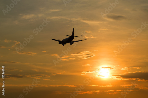 The plane flies in the sky at sunset