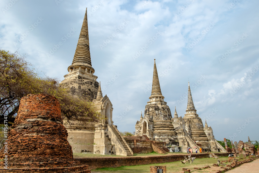 Temple ancient white grey pagoda place of worship famous in wat phra sri sanphet,ayutthaya, thailand Temple ancient white grey pagoda place of worship famous in wat phra sri sanphet,ayutthaya, thailand