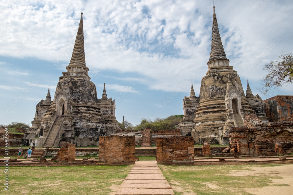 Temple ancient white grey pagoda place of worship famous in wat phra sri sanphet,ayutthaya, thailand