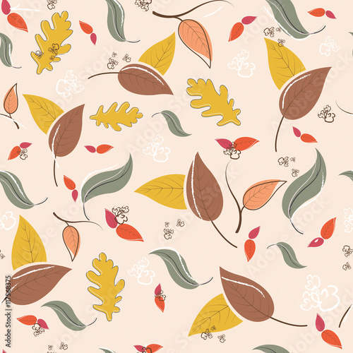 Autumn seamless pattern with leaves and branches. Vector illustration.