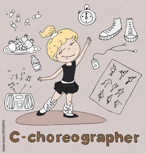 the profession choreograher in alphabetical order cartoon hand drawn outline for coloring adult isolated on the background