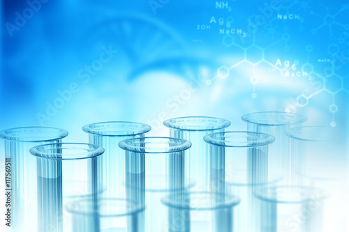 Lab, chemistry, DNA structure, on blue background. 3d illustration biochemistry concept .