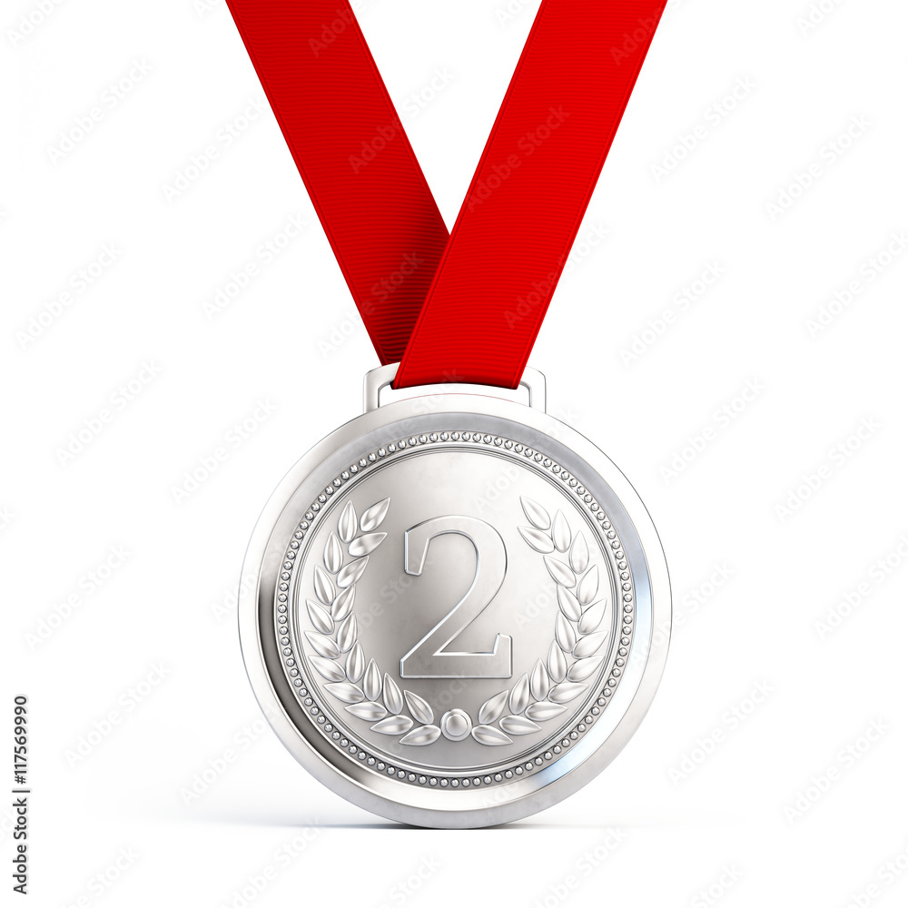 Second place Silver medal with red ribbon isolated on white background ...