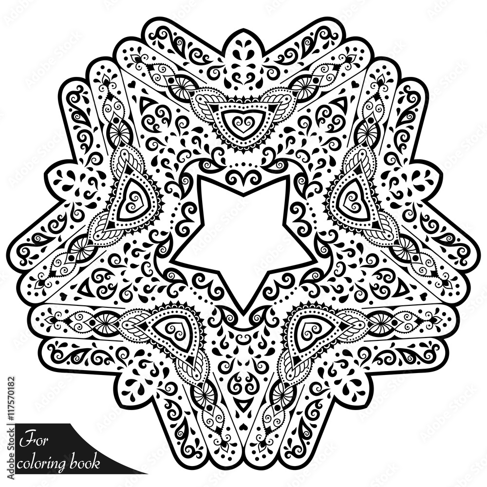 Henna tattoo mandala in mehndi style. Pattern for coloring book. Hand drawn vector illustration isolated on white background. Design element in Doodles style.
