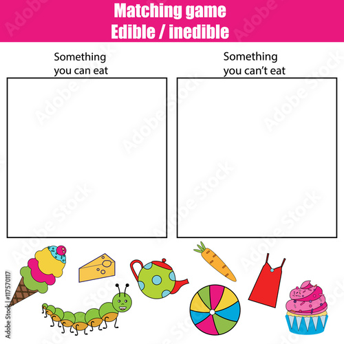 Edible inedible educational children game, kids activity sheet