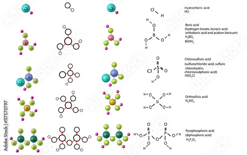 Molecules of Thiocyanic acid, Disulfuric acid (Pyrosulfuric acid, Oleum), Sulfurous (Sulphurous) acid, Hydrogen sulfide, Sulfuric (Sulphuric) acid, Thiosulfuric acid