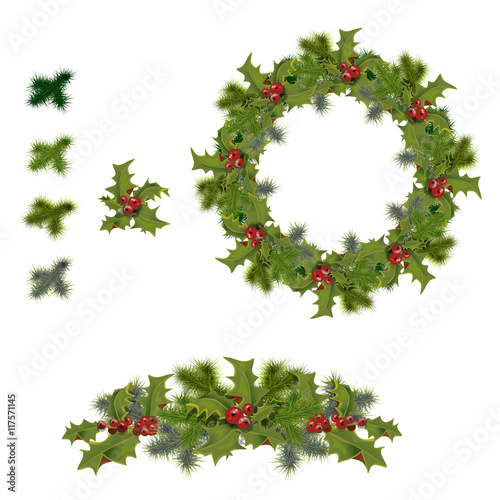 set of holly branches as wreath, frames with leaves and berries