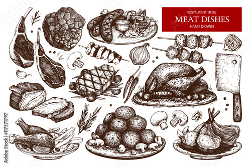 Vector collection of hand drawn meat illustration. Restaurant or butchery design elements. Vintage food sketch set.