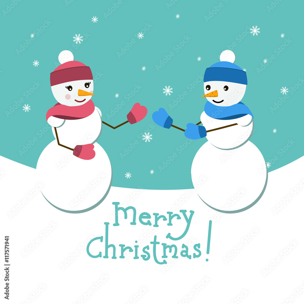 Snowman and his girlfriend vector card with Merry Christmas lettering. Happy couple on winter background snowflakes. Cute design illustration. Santa helper. New Year theme Snowman and his girlfriend vector card with Merry Christmas lettering. Happy couple on winter background snowflakes. Cute design illustration. Santa helper. New Year theme