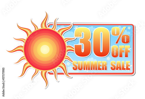 30 percentages off summer sale in label with sun, vector