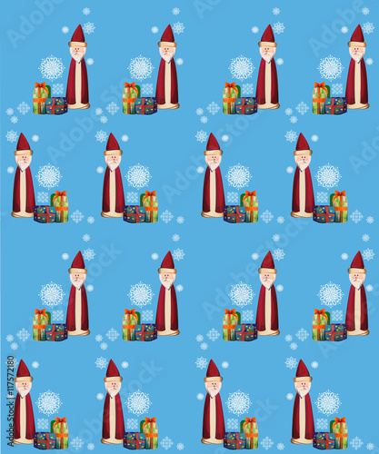 seamless pattern with Santa Claus, snowflake and presents on a blue background