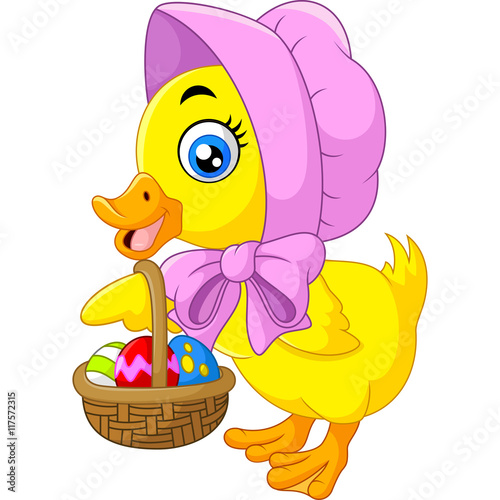 Cute duck with bucket of eggs.

