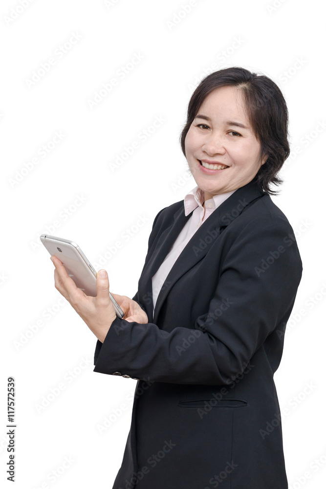 Middle aged asian woman smiles over white background Middle aged asian woman smiles over white background