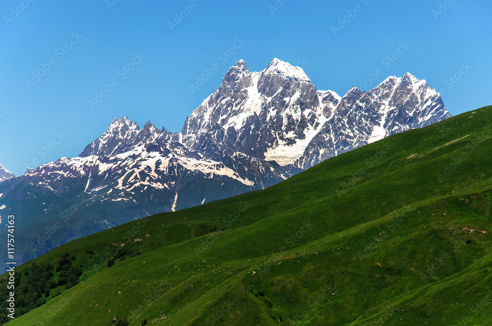 Two peaks of Mount Ushba. Main Caucasian Ridge.