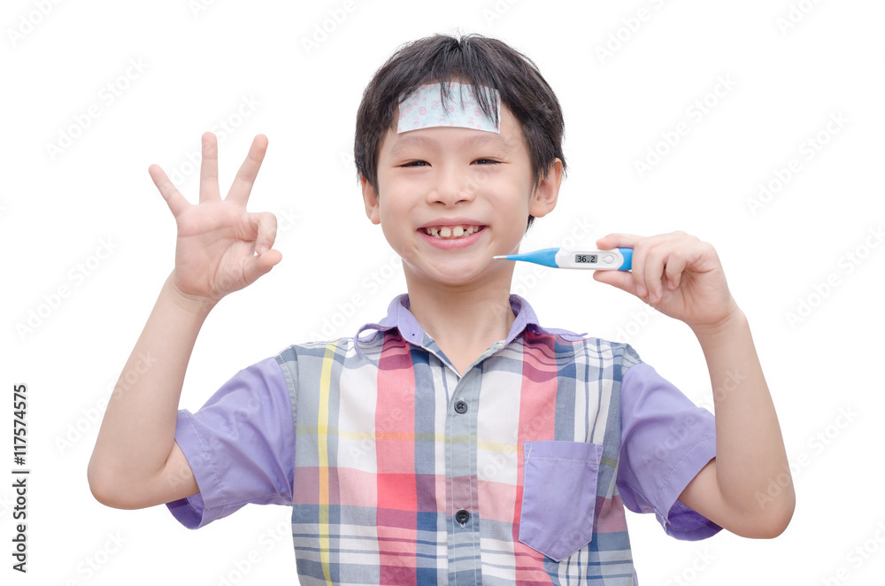 Young asian sick boy holding digital thermometer and smiles over Young asian sick boy holding digital thermometer and smiles over