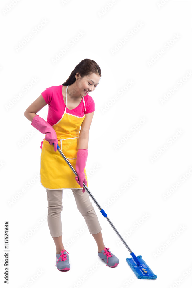 Portrait Of Young Asian housewife Cleaning Floor With Mop Portrait Of Young Asian housewife Cleaning Floor With Mop
