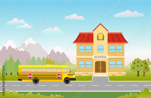 cartoon illustration with bus on road to school landscape 