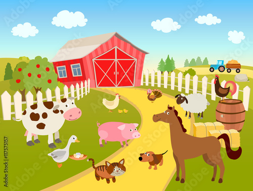 cartoon farm scene illustration with domestic birds, animals, farmhouse, tractor
