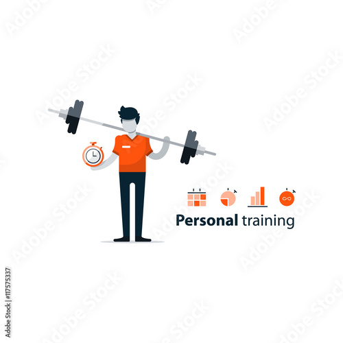 Personal training, workout session in gym, sport instructor, professional coaching concept. Vector flat design illustration isolated on white